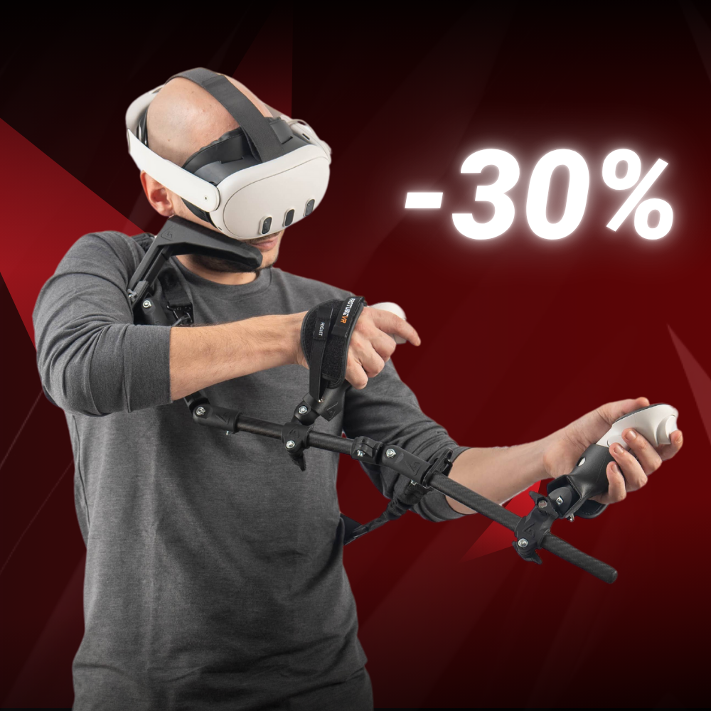 a VR headset stand with a quest 3 headset and controllers and a gunstock 